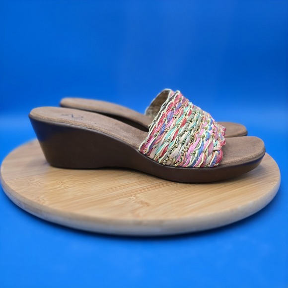 AEROSOLES Shoes - A2 By Aerosoles Sandals Womens 9.5 Say Yes Woven Slip On Wedge Heels Brown Multi